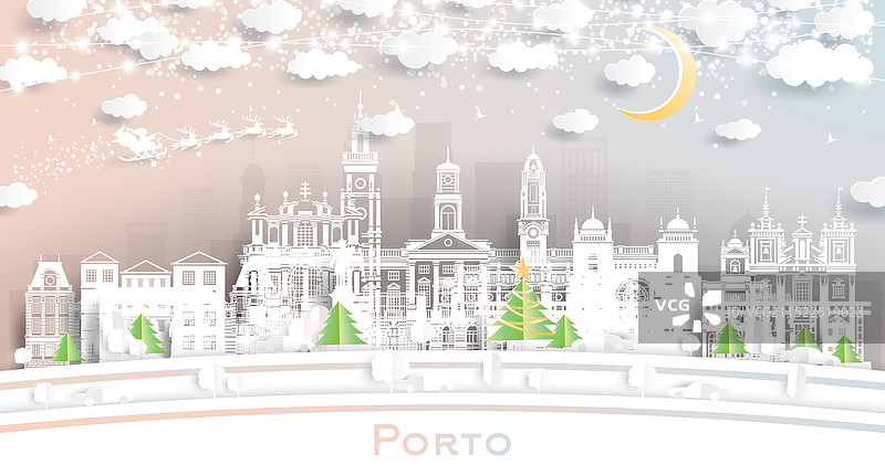 葡萄牙波尔图冬季城市天际线剪纸风格图片素材