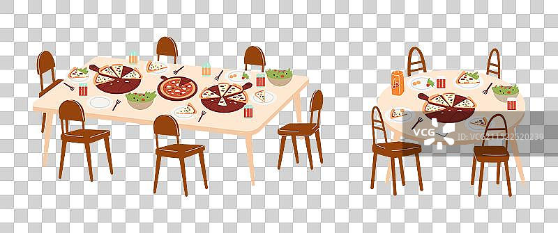 供应不同披萨和饮料的餐桌图片素材