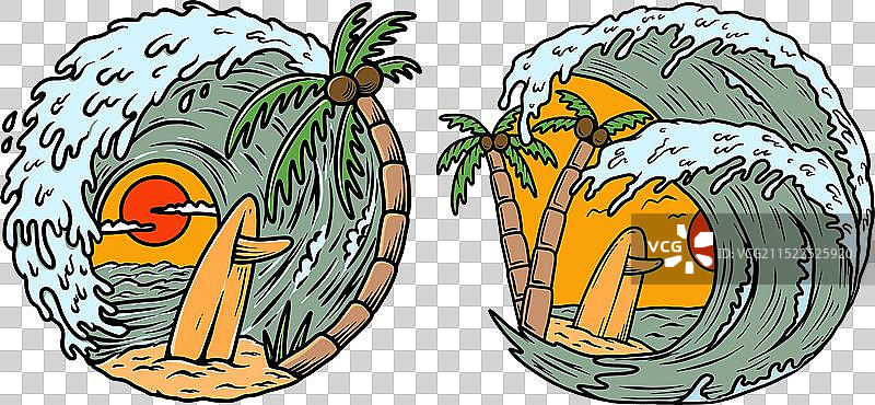 冲浪板、海浪和热带海滩设计图片素材