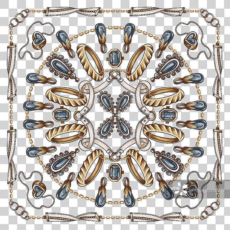 带有钥匙、珠宝和链条的围巾设计图片素材