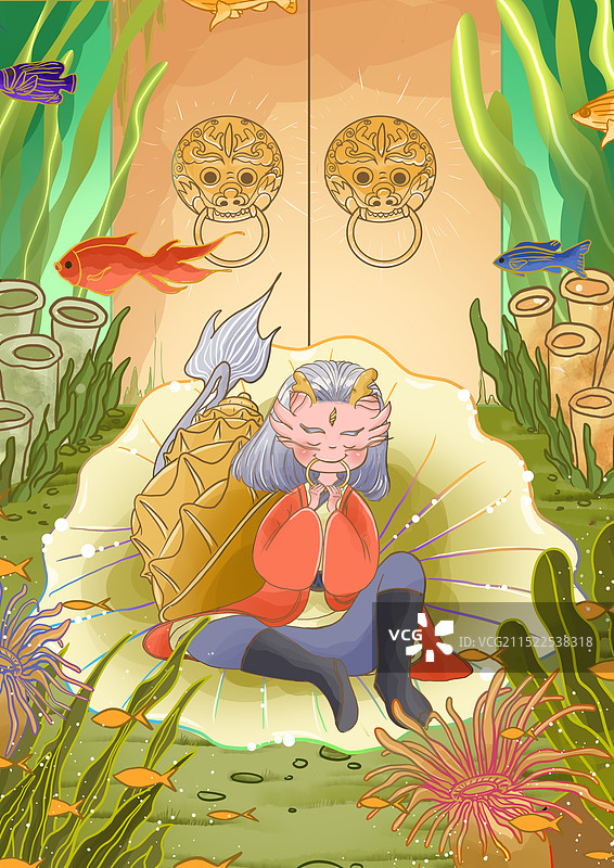 国潮风新国风龙生九子神兽椒图衔环海底场景插画图片素材