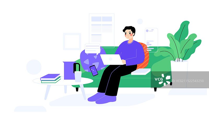 一个男子坐在沙发上居家办公桌子书本矢量插画图片素材