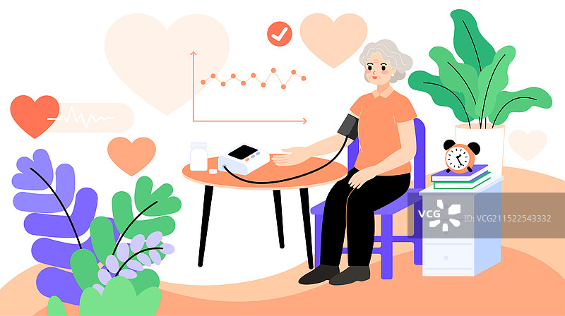 老年妇女在测量血压桌子叶子健康矢量插画图片素材
