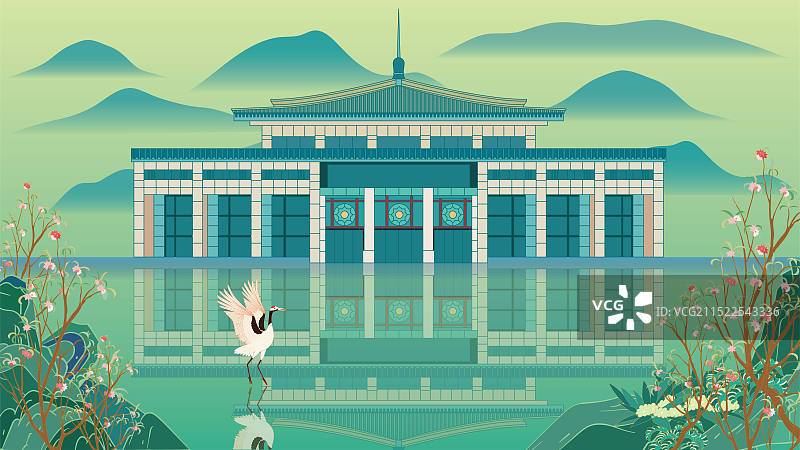 国风地标城市风光矢量插画系列—国潮风 山西省 长治市 八路军太行纪念馆图片素材