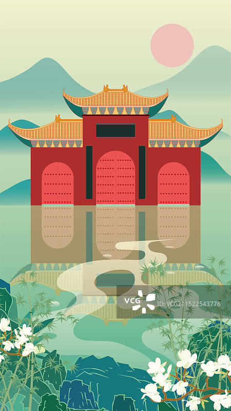 国风地标城市风光矢量插画系列—国潮风 河北省 邯郸市 邯郸广府甘露寺图片素材