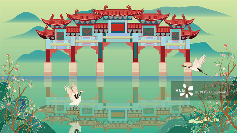国风地标城市风光矢量插画系列—国潮风 湖南省 岳阳市 圣安寺、圣安古寺图片素材