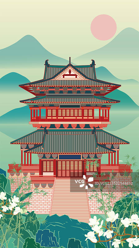 国风地标城市风光矢量插画系列—国潮风  江苏省 泰州市 泰州望海楼图片素材