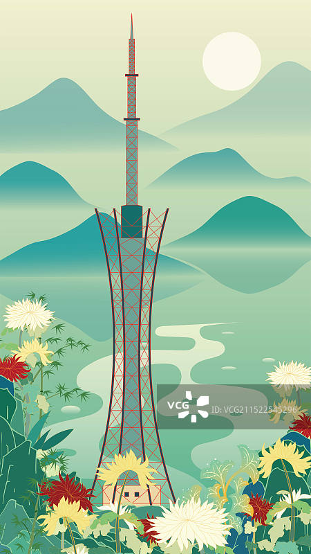 国风地标城市风光矢量插画系列—国潮风 镇江扬中滨江公园 扬中塔图片素材