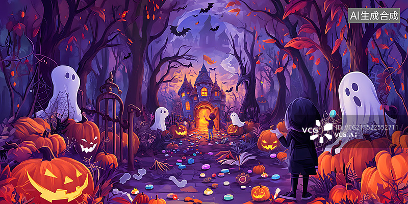 【AI数字艺术】万圣节森林城堡氛围小男孩森林探索南瓜糖果装饰横版插画图片素材