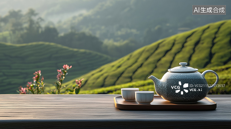 【AI数字艺术】茶园和茶具图片素材