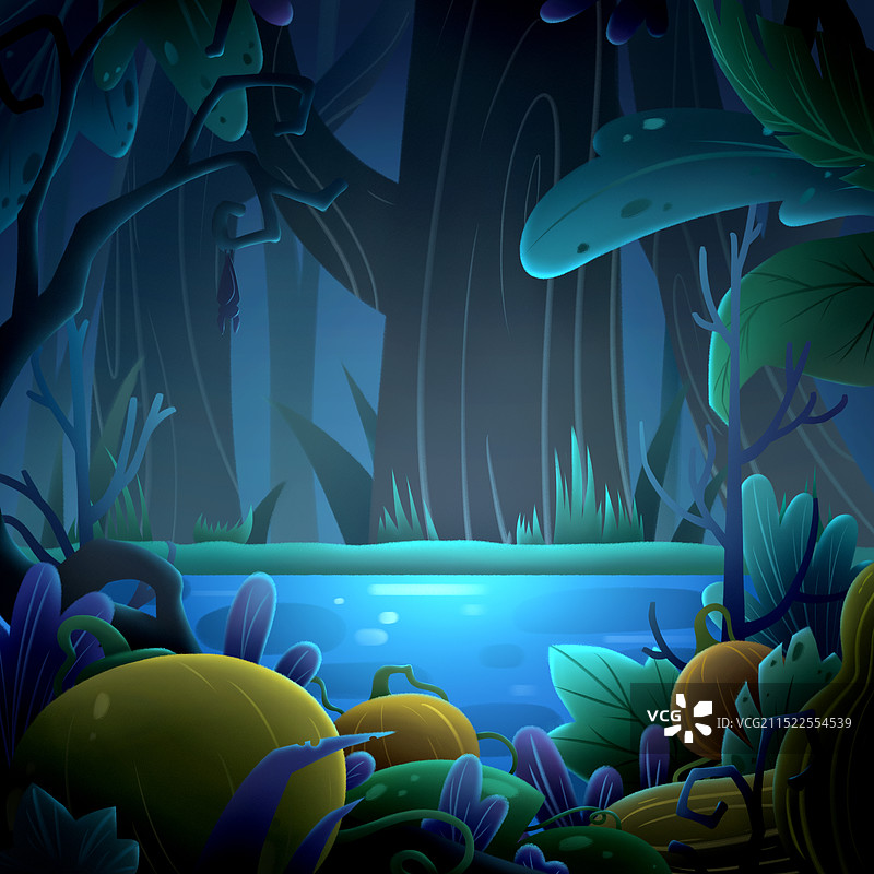 夜晚树林河边南瓜地图片素材