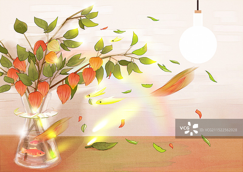 唯美油画风红色灯笼草图片素材