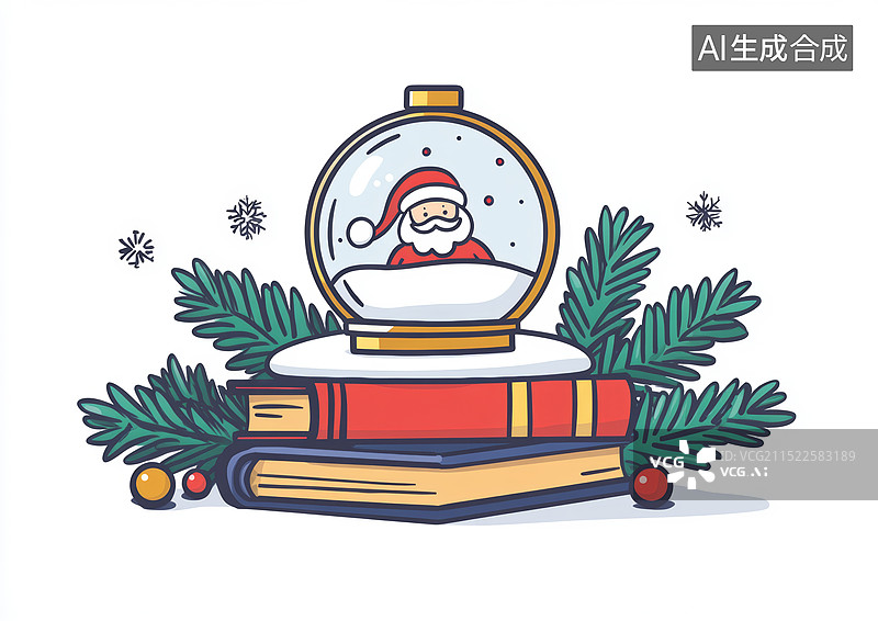 【AI数字艺术】一个圣诞老人水晶球放在两本书上图片素材
