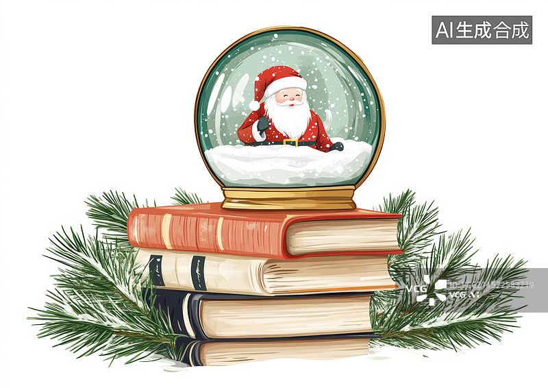 【AI数字艺术】一个圣诞老人水晶球放在两本书上图片素材