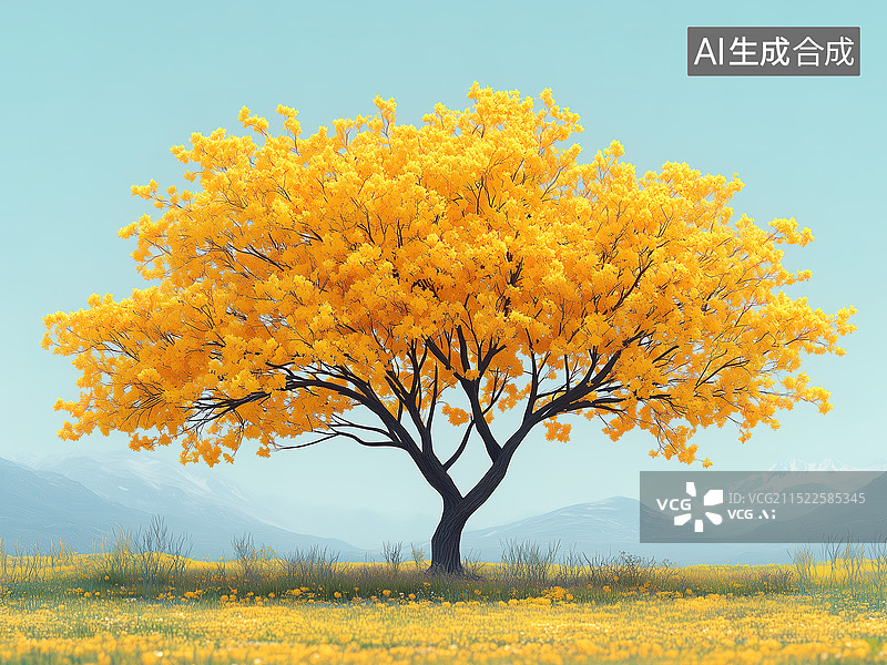【AI数字艺术】扁平插图，黄金雨，栾树，一树金黄图片素材
