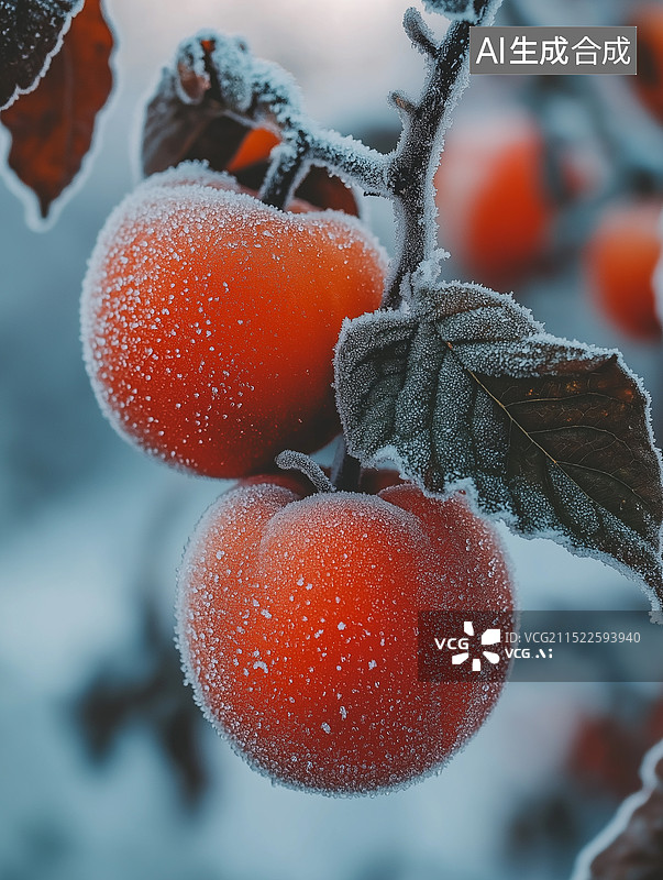 【AI数字艺术】冬季冰霜水果特写图片素材