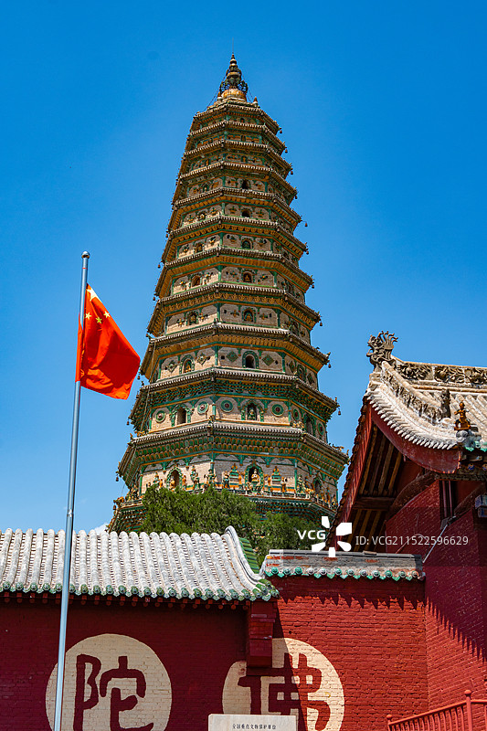 山西临汾广胜寺飞虹琉璃塔仰视视角，亚洲中国历史古迹图片素材