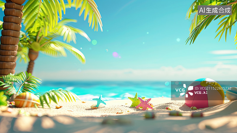 【AI数字艺术】3D卡通风格的蓝天白云夏日海滩与棕榈树图片素材