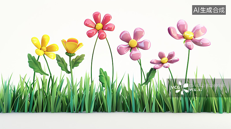 【AI数字艺术】白色背景花园中3D卡通花草图片素材