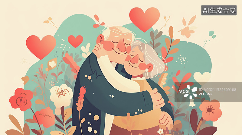 【AI数字艺术】老年人相拥插画图片素材