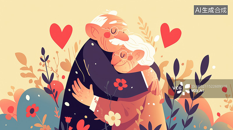 【AI数字艺术】老年人相拥插画图片素材