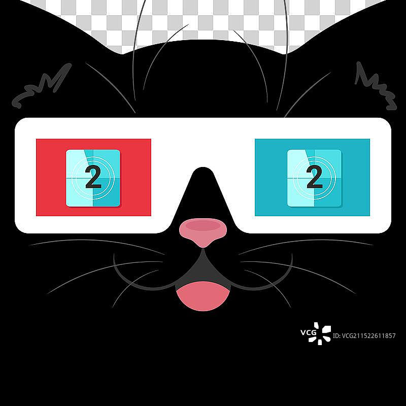 戴3D眼镜的可爱黑猫脸部特写图片素材