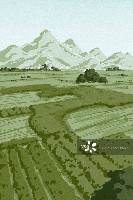 插画背景｜山间风景｜绿色清新田野图片素材