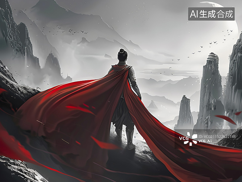 【AI数字艺术】站在山上的披着披风古代男人的后视图图片素材