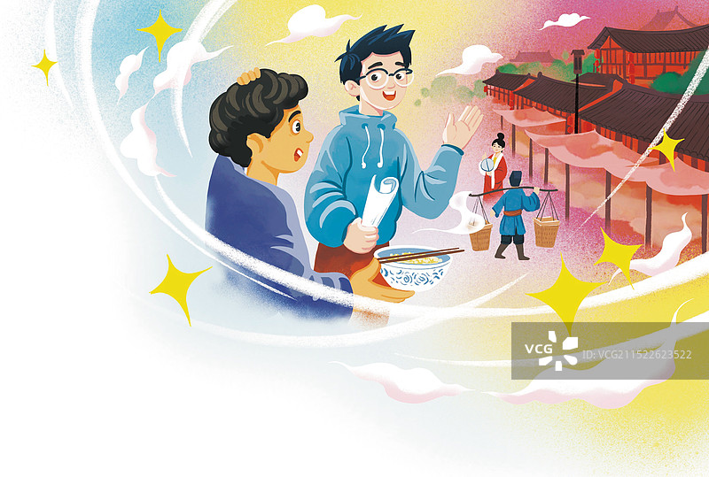 彩色 插画插图 男孩 讲解 穿越古代 时代 科技 体验 校园文学 未来 古今跨越图片素材