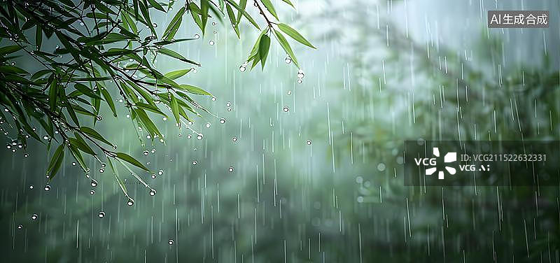 【AI数字艺术】雨后清新的竹叶中式插画图片素材