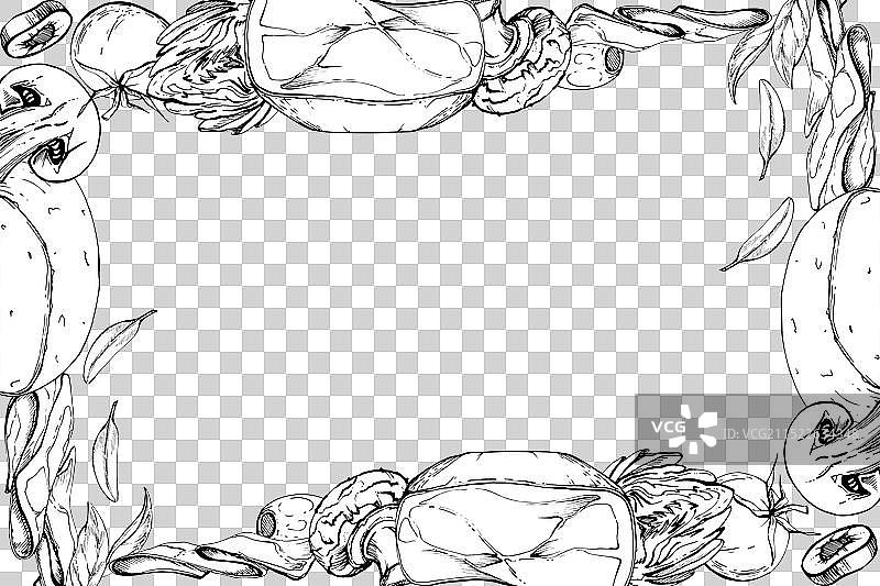 手绘墨水蘑菇马苏里拉朝鲜蓟图片素材