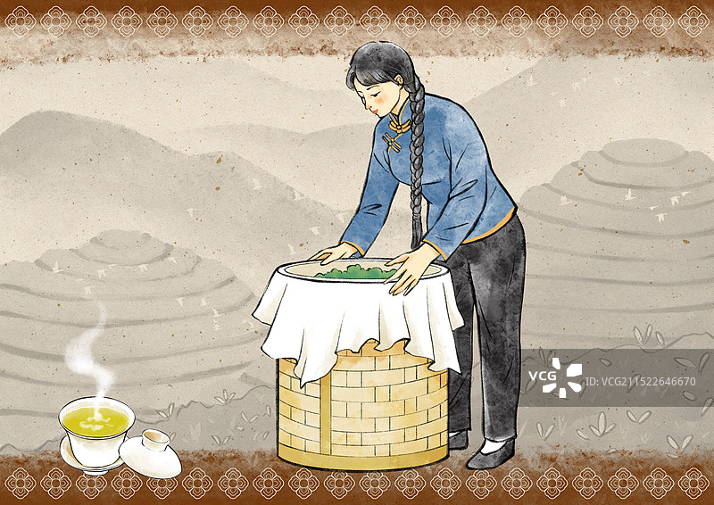 国潮复古风茶叶绿茶红茶白茶青茶黄茶黑茶普洱茶制作过程插画图片素材