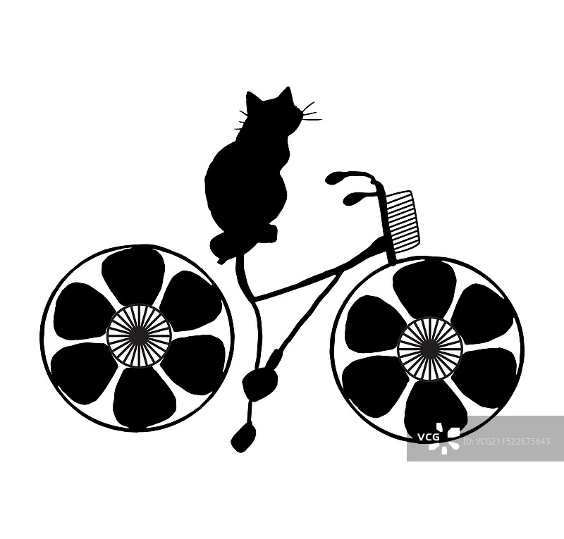 卡通猫坐在复古花卉自行车上图片素材