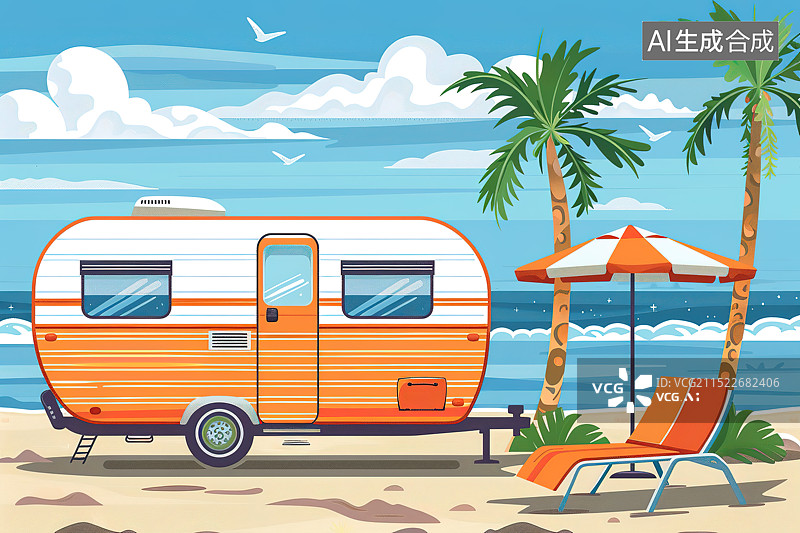【AI数字艺术】清新扁平风海边的遮阳伞躺椅和露营拖车插画图片素材