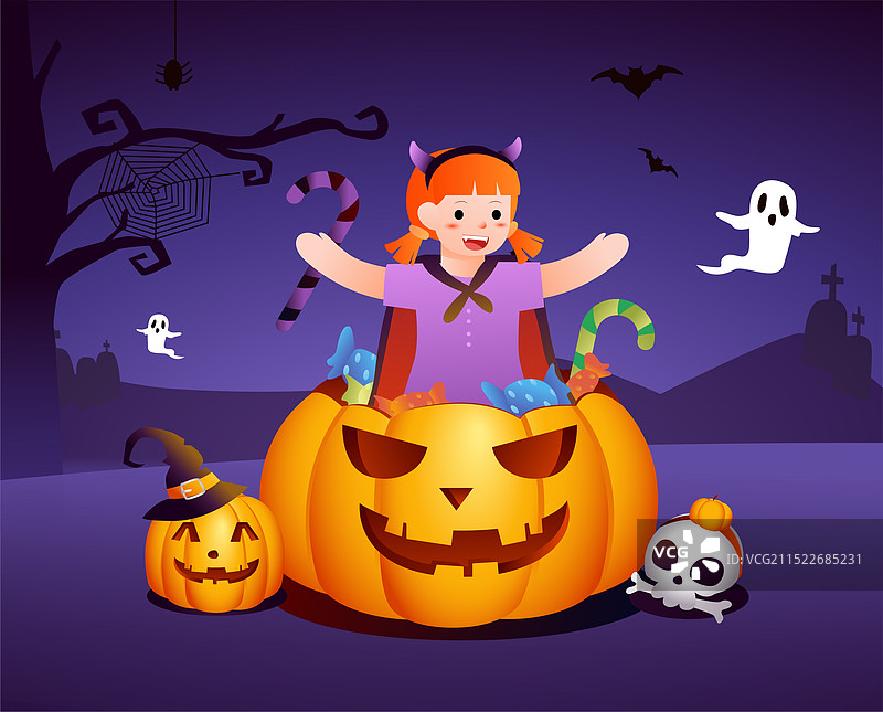 卡通扁平插画风格城堡南瓜蝙蝠万圣节插画图片素材