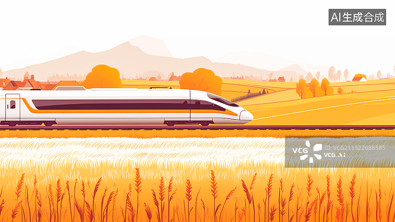 【AI数字艺术】秋天行驶在金色田野间的列车插画图片素材
