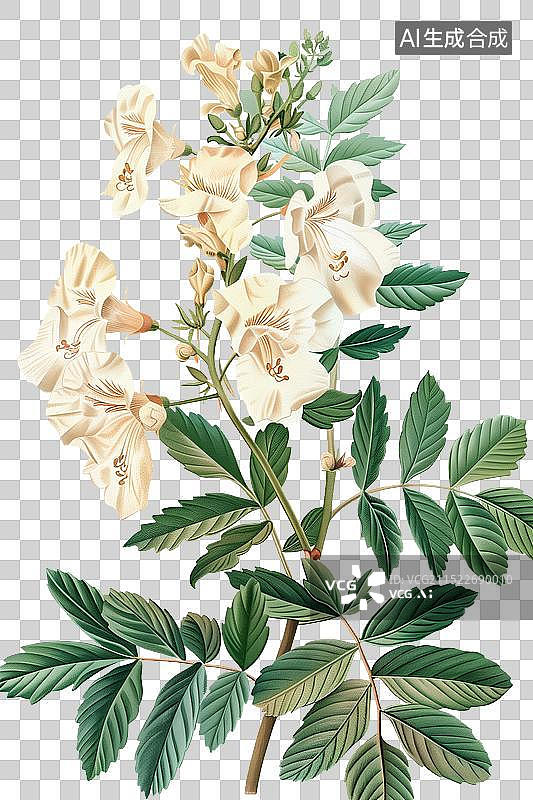 【AI数字艺术】植物开着白色的花，手绘水彩植株，书本配图，中医，医学，中国传统文化中草药药材元素图片素材