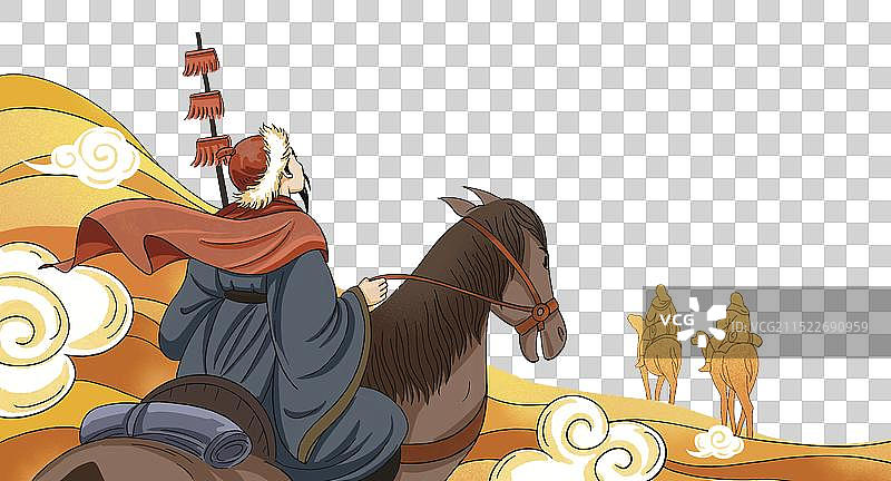 彩色 插图插画 丝绸之路 张骞出使西域 沙漠 汉代 古代 历史 使节 国潮风格 免扣 元素图片素材