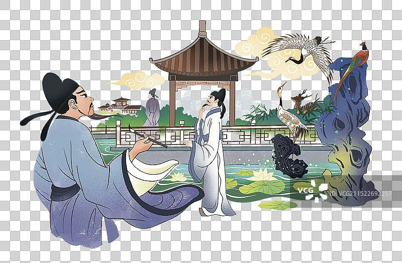 彩色 插图插画 梁园 李白 高适 唐代 诗人 古代 写诗 歌颂 亭台楼阁 美景 旅行 古建 国潮风格图片素材