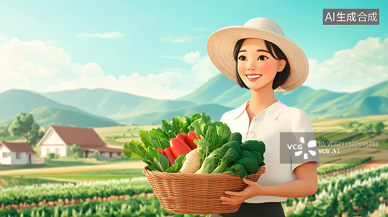 【AI数字艺术】一个快乐的女性农民拿着一个装满了蔬菜的篮子站在田地前面 3D丰收插画图片素材