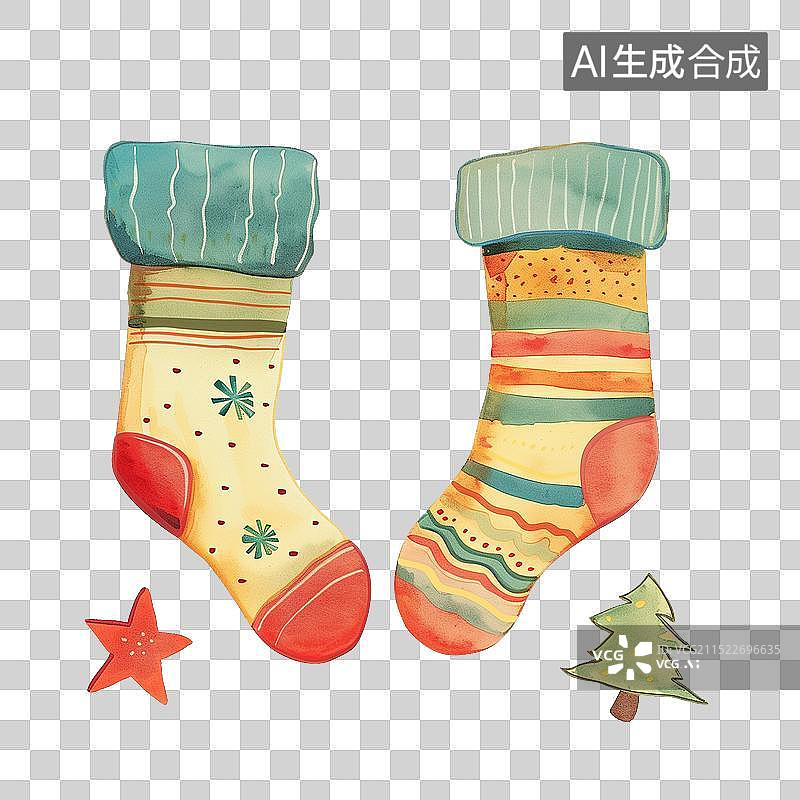 【AI数字艺术】红色圣诞袜子水彩画图标，圣诞树元素图片素材