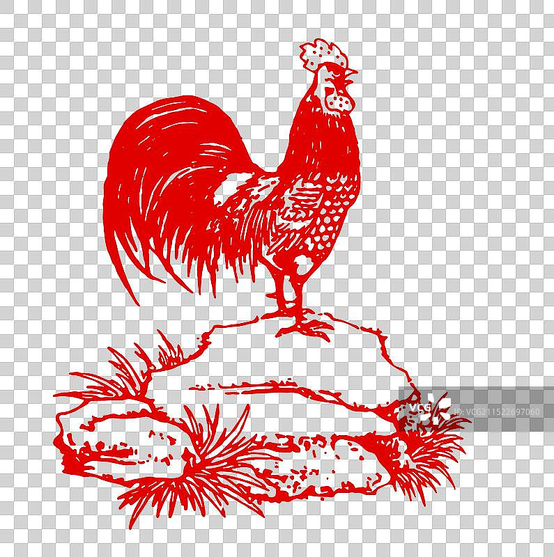 鸡，鸡年，公鸡，雄鸡，传统文化红色剪纸拓片艺术风格插画图片素材