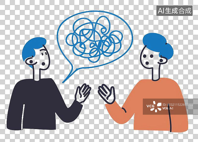 【AI数字艺术】男子聊天谈论图标矢量设计，线条涂鸦风格人物简笔画元素，友情支持概念两位男性心理学家图片素材