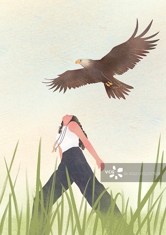 部落里的女孩与老鹰风景插画图片素材