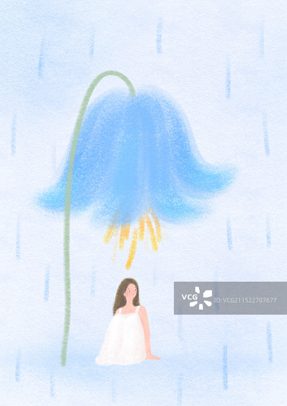 在一朵蓝色花下躲雨的小女孩儿童插画图片素材