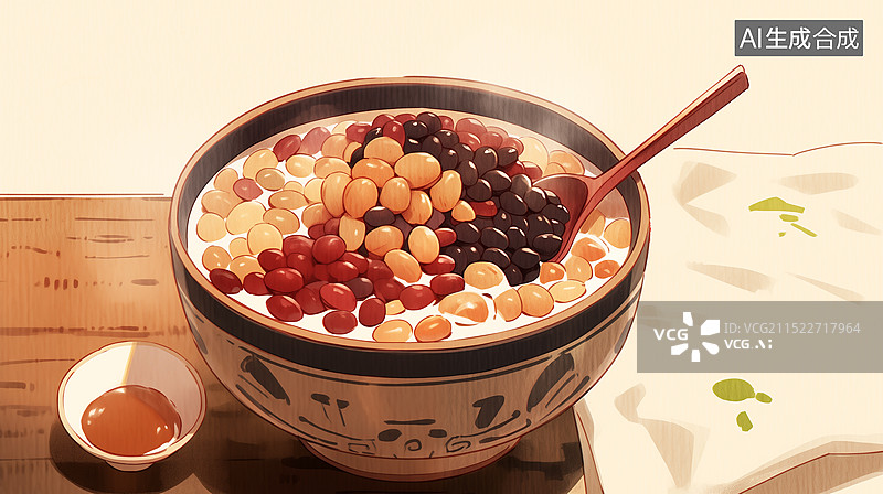 【AI数字艺术】清新风传统节日腊八节美食插画，中式传统节日美食，梅花与五谷粥 莲子薏米粥， 横版图片素材