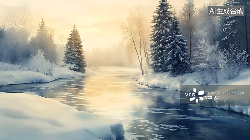 【AI数字艺术】油画风 3d 雪地 冬天 立冬 冬至 大雪 小雪 雪地 河流 结冰 风景图片素材