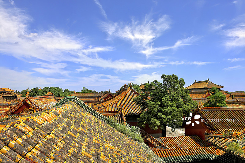 蓝天白云下故宫西六宫的宫殿群与房顶琉璃瓦图片素材