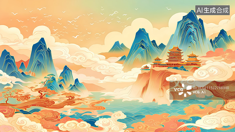 【AI数字艺术】秋天山水国潮插画图片素材