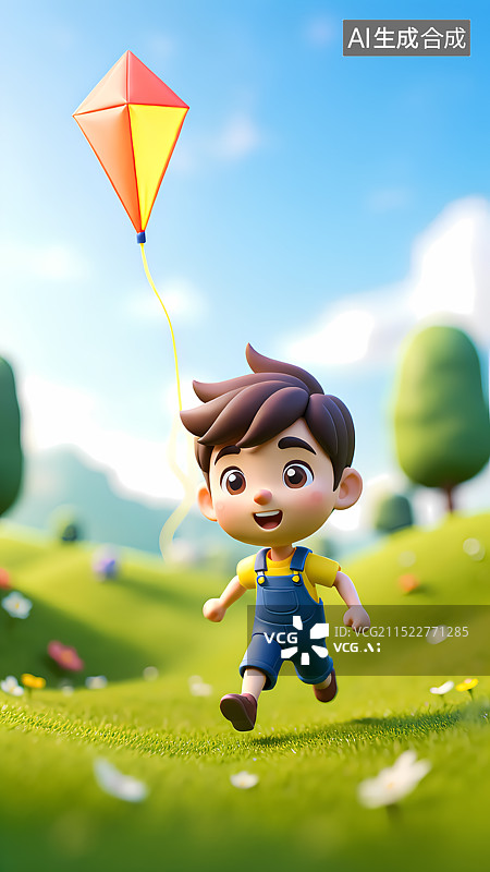 【AI数字艺术】户外草原放风筝的男孩插画图片素材